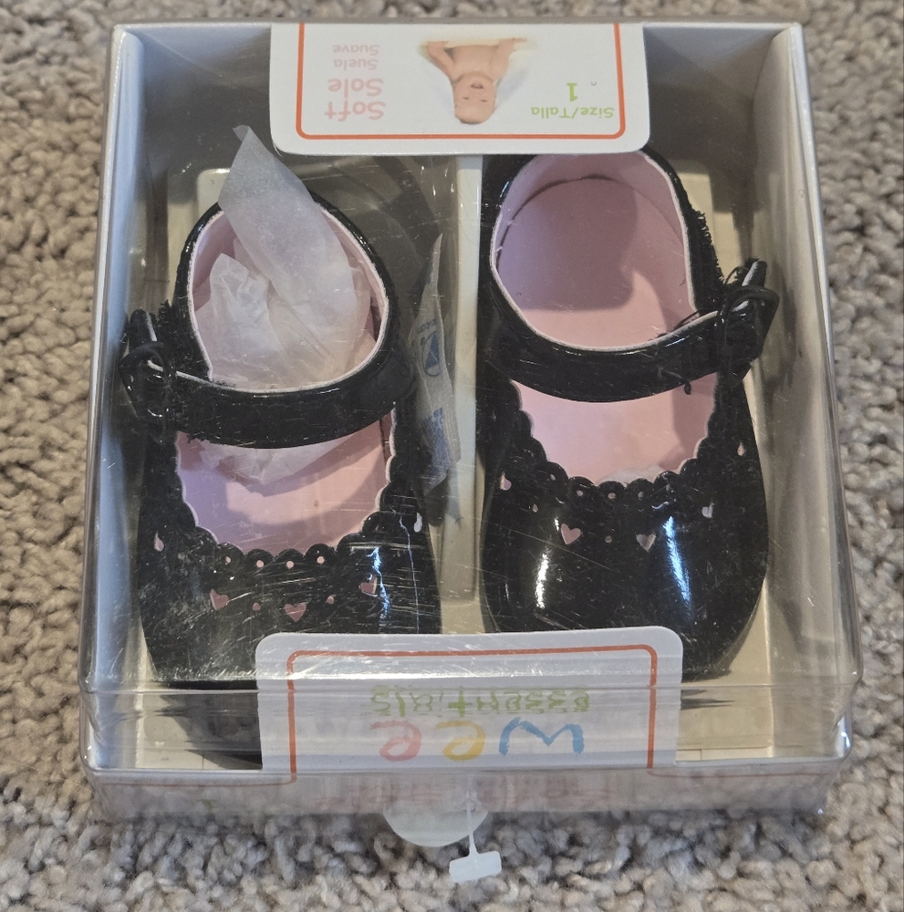 Wee Essentials Baby Girl Black Dress Shoes Size 1 Age 6wks To 3 Months